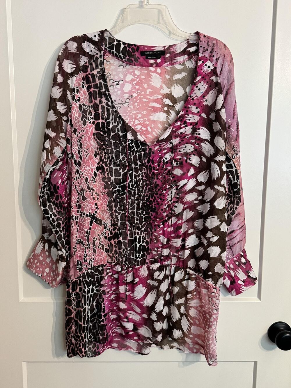 BCBGMAXAZRIA Tunic Blouse Sz L Pink Animal Print Beaded Sheer Top Coverup Summer